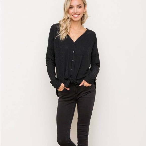 a new day Tops - Sexy💋Ribbed Knit Tied Hi•Low V-Neck Button Top
